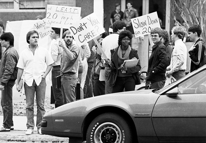 Part of making the UTA campus more accessible was tackling the problem of Cooper Street, which began with a protest for reducing the speed limit through campus.