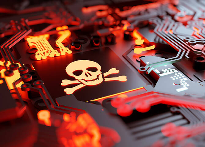 Skull and crossbones on a circuit board